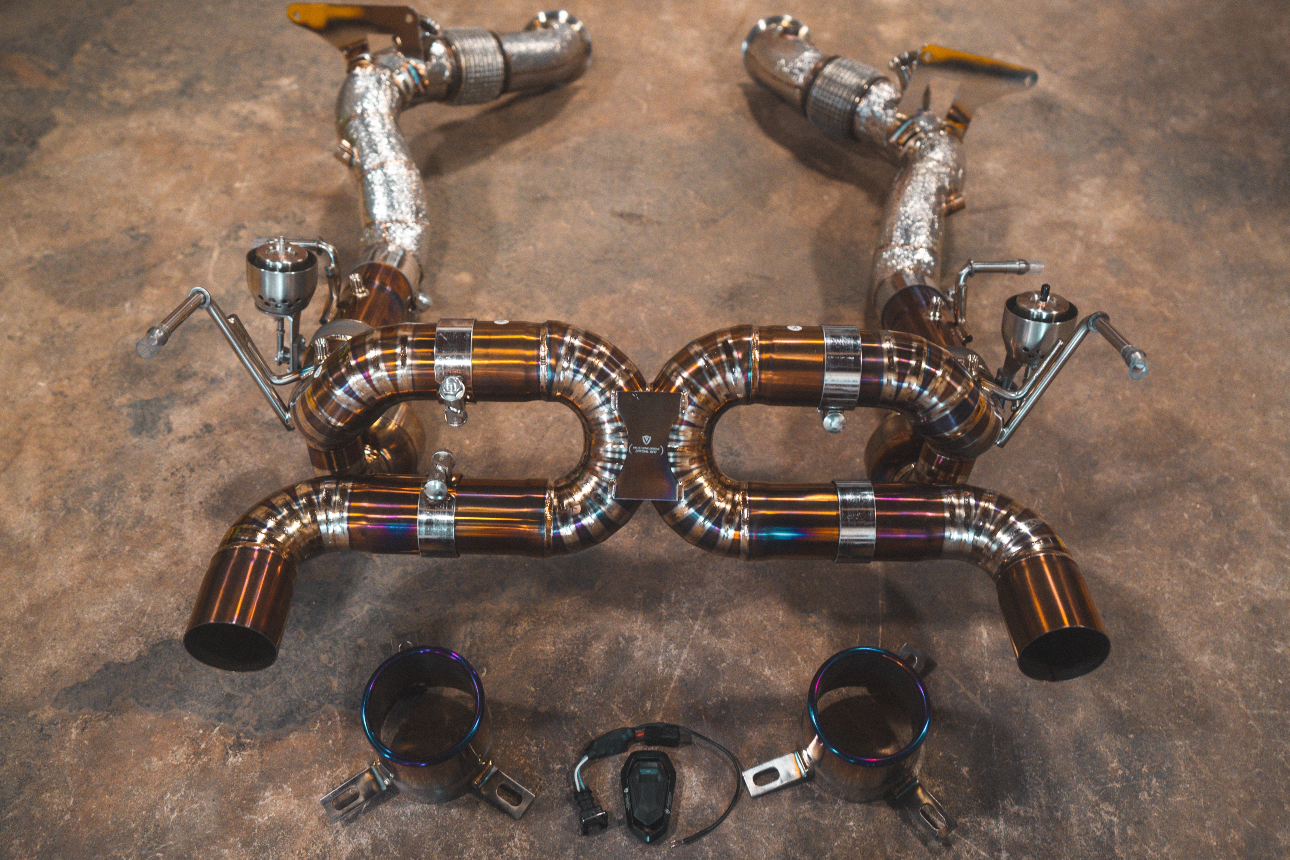 Valvetronic Designs titanium valved exhaust for the Ferrari F8 Tributo