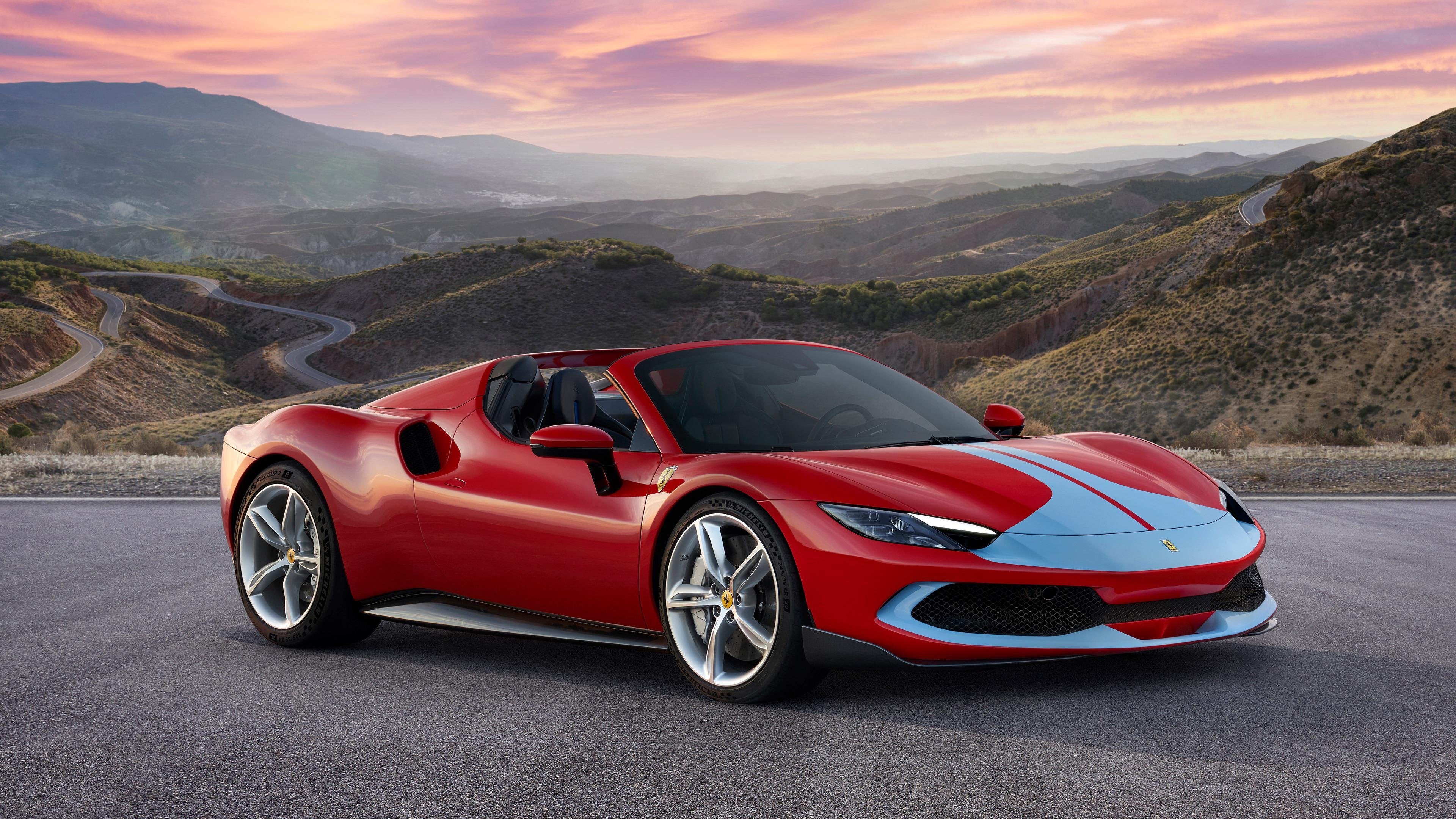 Ferrari 296 GTS with Novitec exhaust upgrades, mountain road at sunset