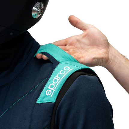 Sparco Sprint Advanced asymmetric overall dark blue petrol green 106448DBGR detail